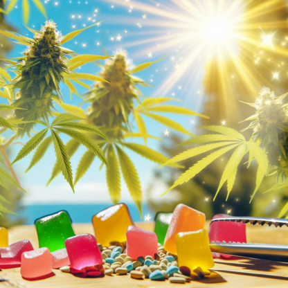 A magical scene where cannabis plants are being transformed into gummies.